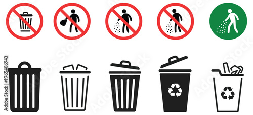 Waste management and recycling icon collection with no littering prohibition signs and black and white trash bin symbols, ideal for environmental awareness, sustainability campaigns, 