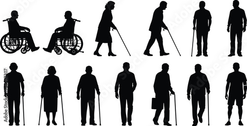 Accessibility mobility silhouette icon collection, rehabilitation vector artwork set, health design graphic, inclusive illustration symbol, flat vector illustration
