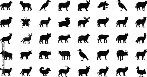 Animal silhouette icon collection, wildlife vector artwork set, nature design graphic, zoology illustration symbol, flat vector illustration