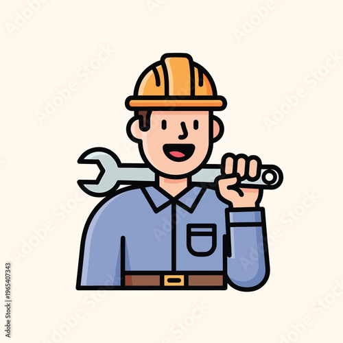 A smiling construction worker with a hard hat holds a wrench across the shoulders and in a hand. The person has a blue shirt, and a belt