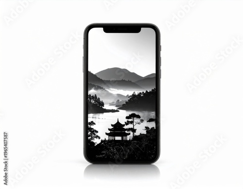 Black Smartphone Displaying Monochrome Landscape Image in a Studio Setting