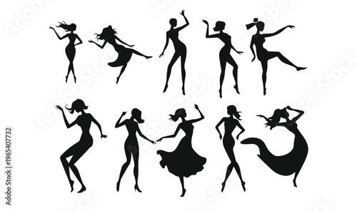 Dancing women silhouettes set, elegant female dancer figures in motion, black vector girl silhouettes for party and event design, 10 elements