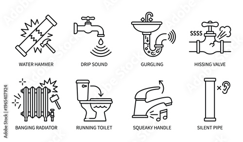 Plumbing problem identification and common house pipe noise troubleshooting guide line icons set pack