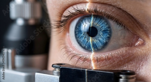Close up view of human eye undergoing laser eye surgery or medical diagnostic examination with orange scanning beam light passing over blue iris and pupil using professional ophthalmology equipment