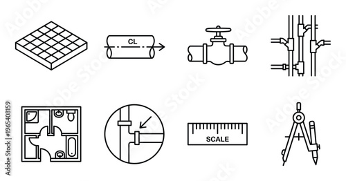 Plumbing schematic elements, tools, and floor plan for design and construction line art