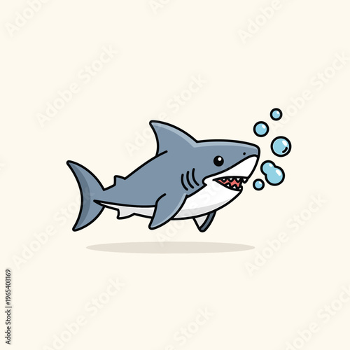 A smiling, cartoon shark swims to the right, trailed by three bubbles. The shark has a light grey body with white belly and red teeth. The background is cream
