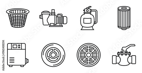 Pool filter pump basket and valve linear icons collection for water system maintenance and cleaning services
