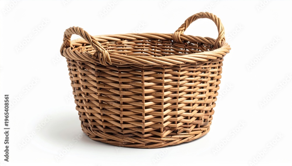 Fototapeta premium Woven Basket with Handle Isolated on White Background Neutral Color
