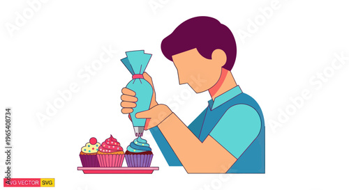 Baker Decorating Cupcakes with Icing Bag - Flat Illustration
