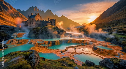 Dramatic Castle Overlooking Turquoise Thermal Springs at Sunrise in the Alps