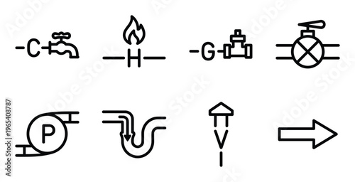 Schematic symbols for plumbing systems and utilities in a clean linear vector style