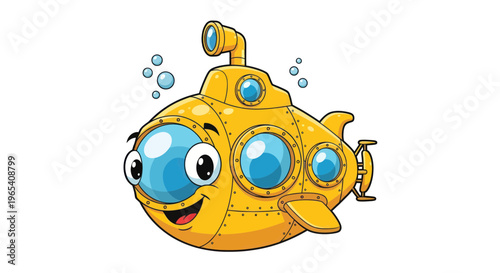 Cute Yellow Cartoon Submarine with Big Eyes and Bubbles, Underwater Exploration