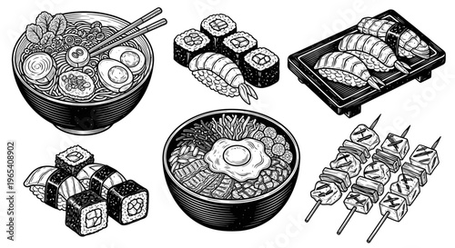 Japanese Food Illustration: Ramen, Sushi, and Yakitori Skewers
