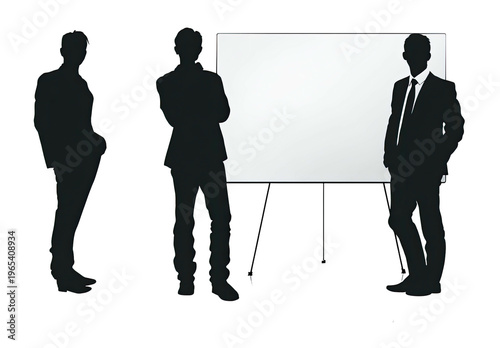 Silhouette of three men standing near a blank whiteboard in a dark room
