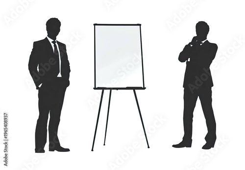 Silhouetted businessmen stand near a blank presentation board, one poses, the other thinks