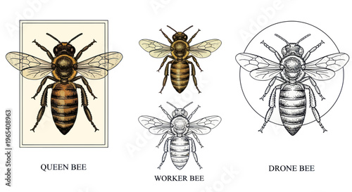 Queen Bee, Worker Bee, Drone Bee: Detailed Illustrations of Honeybee Castes