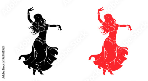Silhouette of a Belly Dancer in Red and Black, Isolated on White Background