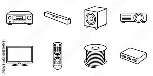 Set of 8 home entertainment system line icons for audio visual and media devices
