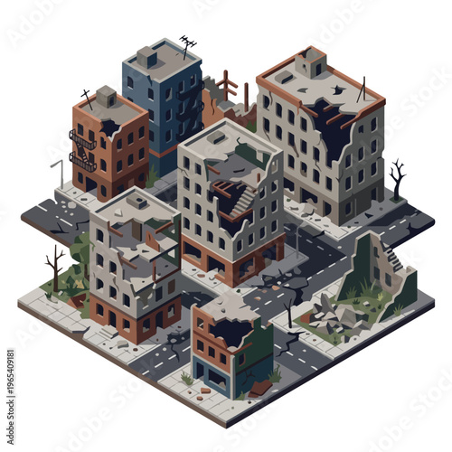 vector isometric of badly damaged buildings after the war 08