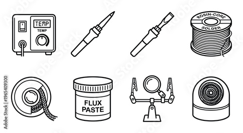 Set of 8 soldering tools and materials line icons for electronics repair and assembly