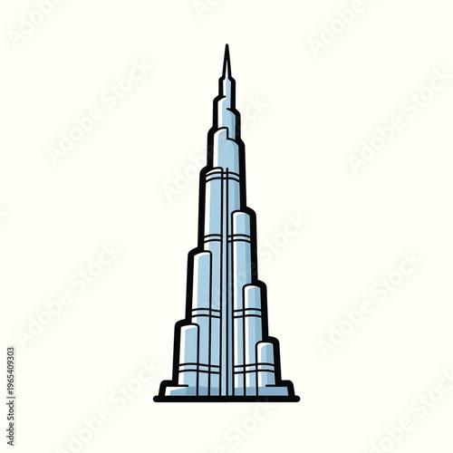A stylized vector illustration of a tall building. It has a triangular silhouette with ascending tiers and a needle-like spire. The architecture is modern