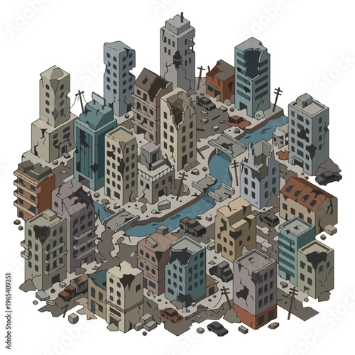 vector isometric of badly damaged buildings after the war 07