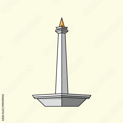 A tall, tapering monument with a rectangular base and a flame at the top, illustrated in a clean, graphic style