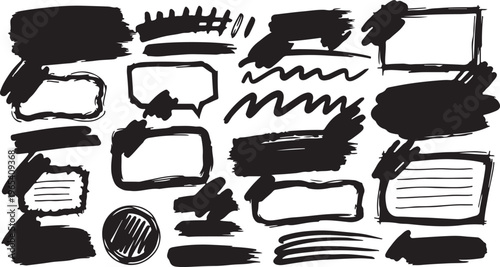 School board, children's doodles and scribble in hand drawn style. Graphic box - arrows, highlighters, underline, round, stars, alphabet, doodles. Scribble drawn with felt-tip pen