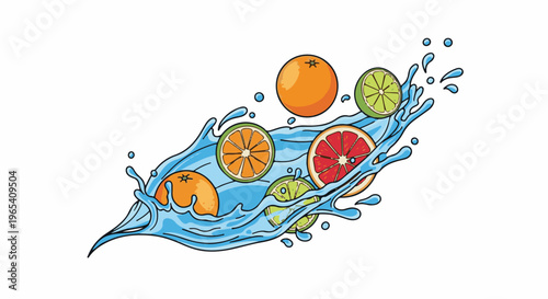 Colorful citrus fruits splash into vibrant blue water