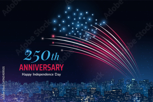 4th of july usa independence day. US flag fireworks over cityscape. Happy fourth of july, independence day. American national holiday. Colorful fireworks on dark sky background. Greeting card. Vector