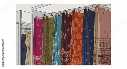 Colorful draped fabrics with intricate patterns hang in a closet