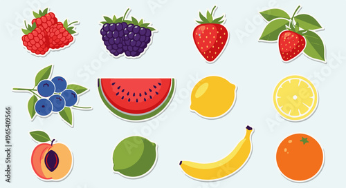 Colorful flat art illustration of various fruits arranged in a grid