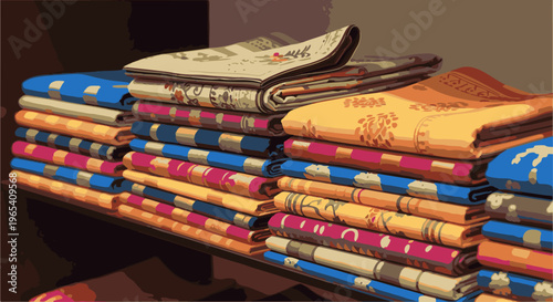 Colorful fabrics are neatly stacked on shelves, creating a vibrant textile display