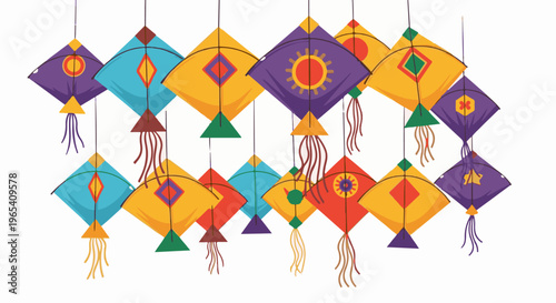 Colorful diamond-shaped kites with streamers hang suspended