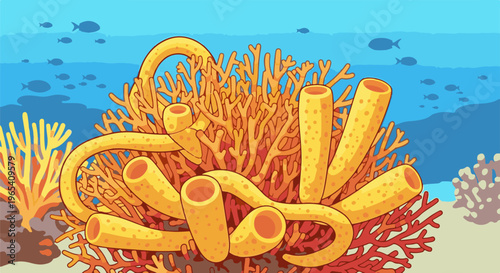 Colorful coral reef with yellow tube sponges and small fish swimming in blue water