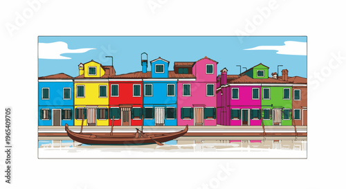 Colorful houses line a canal with a gondola floating gently