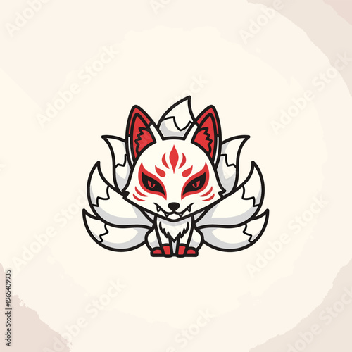 A stylized white fox with red accents on a neutral watercolor background. Its masked face shows its fangs. It has nine tails