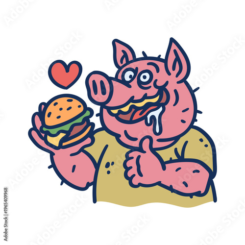 Contented pig holds hamburger and smiles. Hand drawing