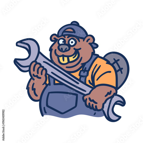 Beaver repairman in cap and work clothes holds wrench. Hand drawing