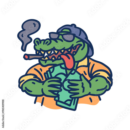 Crocodile smokes cigar holds money and smiles. Hand drawing