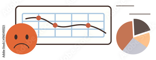 Business trends, financial downturns, data analysis, economic impact, performance reports, workplace insights. A declining graph, sad face icon and pie chart. Business trends and data analysis
