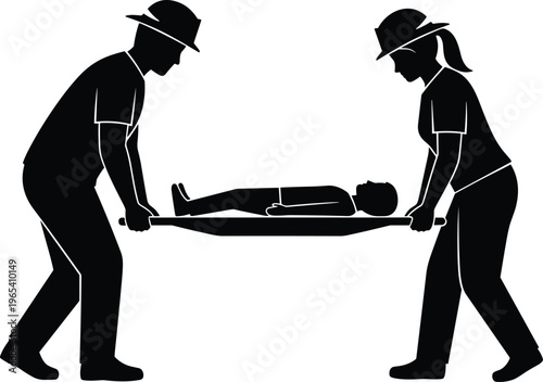 Paramedics carrying injured patient on stretcher, emergency medical response concept, rescue service, healthcare support, first aid transport, vector illustration