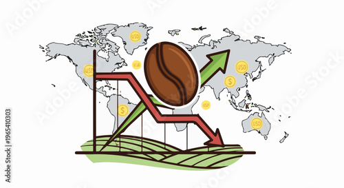 Coffee bean's global market fluctuations shown with arrows and currency symbols