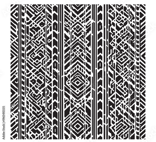 Intricate abstract monochrome pattern, featuring geometric shapes with tribal elements and a distressed texture. Versatile design concept for artistic backgrounds