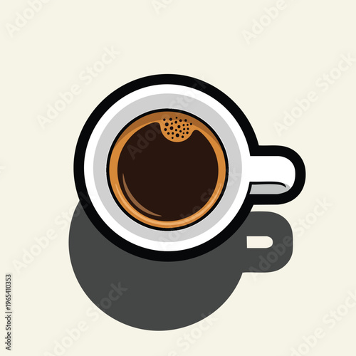 A top-down, graphic illustration of a coffee cup with dark coffee and foam, cast shadow. Simple, flat design on a light beige background