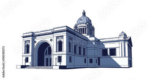 Classic grand building with dome and arched entrance, rendered in blue tones