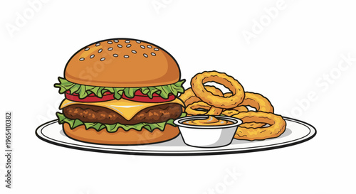 Classic hamburger with cheese, lettuce, tomato, onion rings and dip