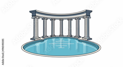 Classical colonnade overlooks a tranquil blue pool with reflections