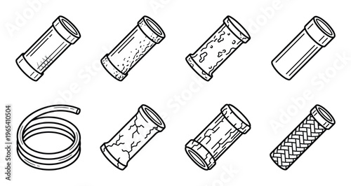 Set of eight industrial plumbing pipes in outline style isolated on transparent background