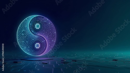 Glowing neon Yin Yang symbol made of digital circuits and microchips representing balance in artificial intelligence and future technology